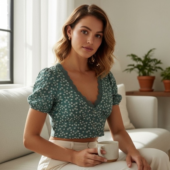 Kendall & Kylie Tops - Kendall & Kylie White and Green Tie Front Crop Blouse